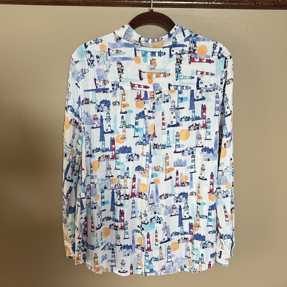 Chico's lighthouse motif button down modal blend shirt long sleeves pockets Lrg - Picture 8 of 14